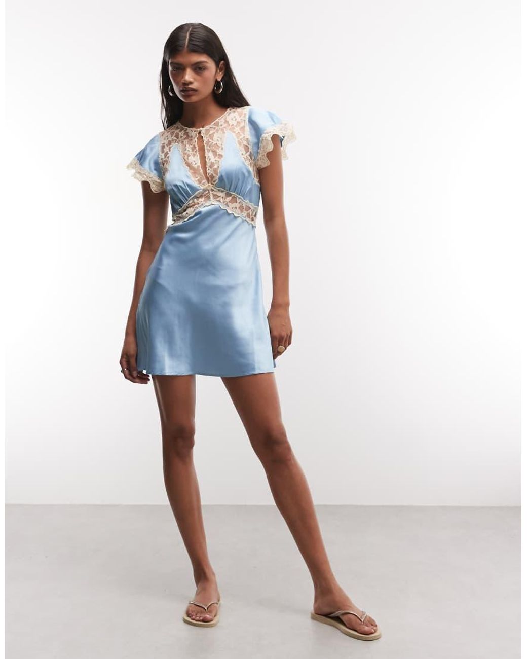 Reclaimed Vintage Blue Satin Mini Tea Dress With Contrast Lace Inserts