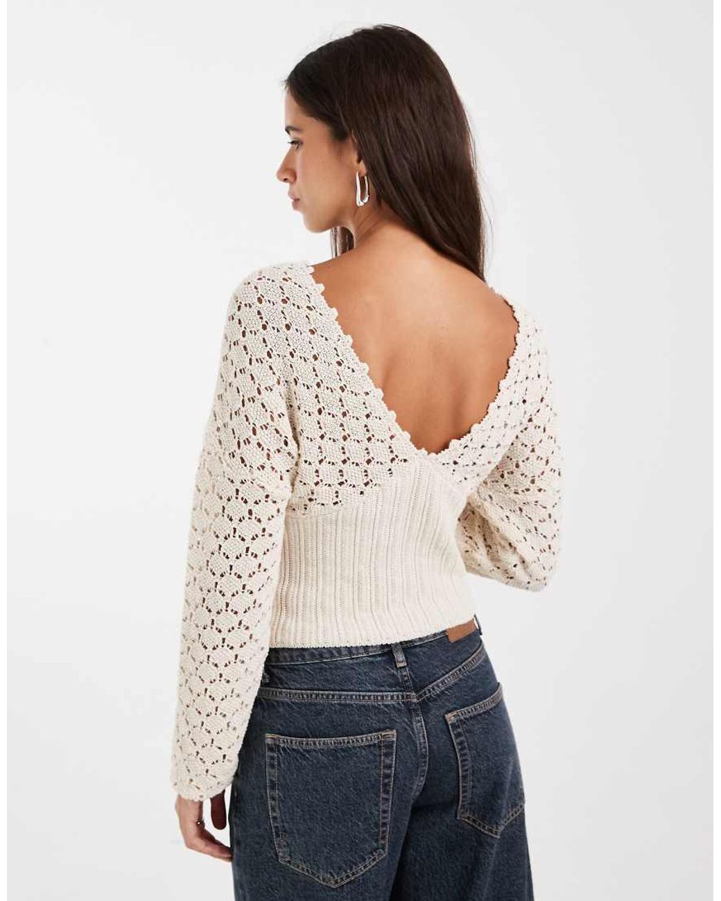 ASOS White Knitted Plunge Cinch Long Sleeve Top