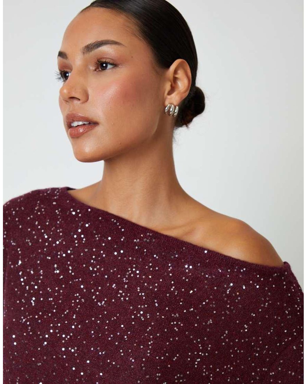 Threadbare Red Knitted Sequin Slash Neck Jumper
