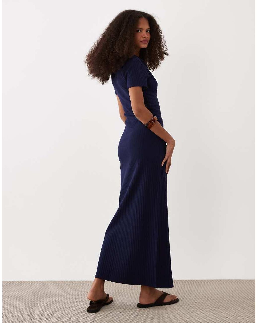 ASOS Blue Ribbed Short Sleeve Polo Midi Dress