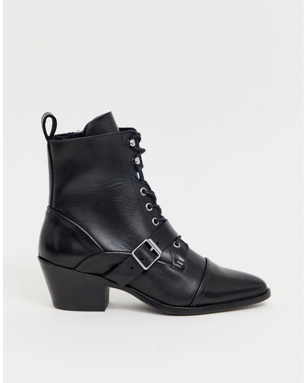 AllSaints Katy Lace Up Heeled Leather Boots With Buckle in