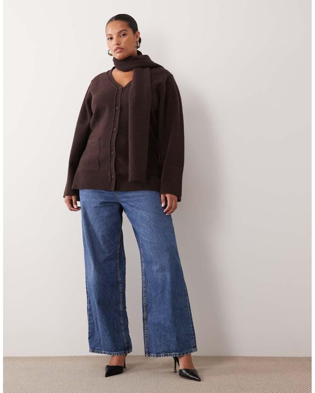 Pretty Lavish Curve Brown Knit Scarf Detail Cardigan