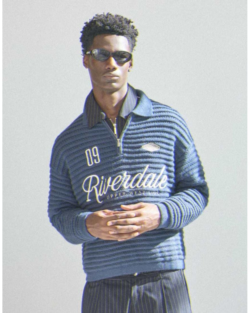Bershka Blue Polo Collar Print Jumper for men