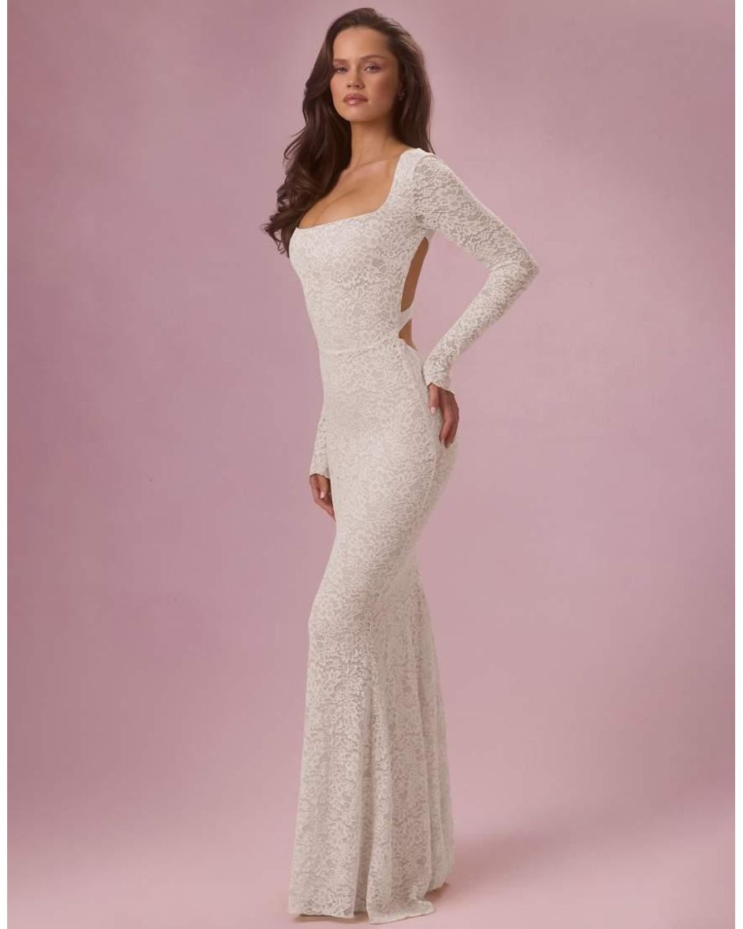 Oh Polly Pink Premium Stretch Lace Square Neck Open Tie Back Maxi Dress
