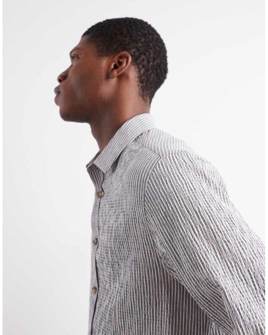 ASOS Gray Regular Fit Seersucker Stripe Shirt for men