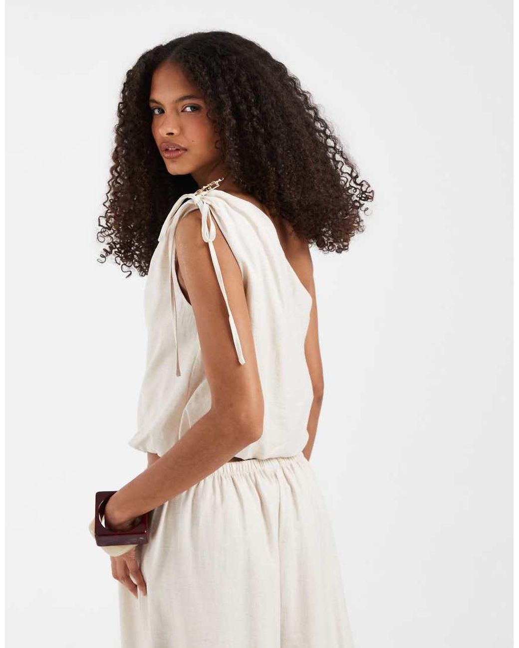 Vero Moda White One Shoulder Bubble Hem Top Co-Ord With Broche Detail