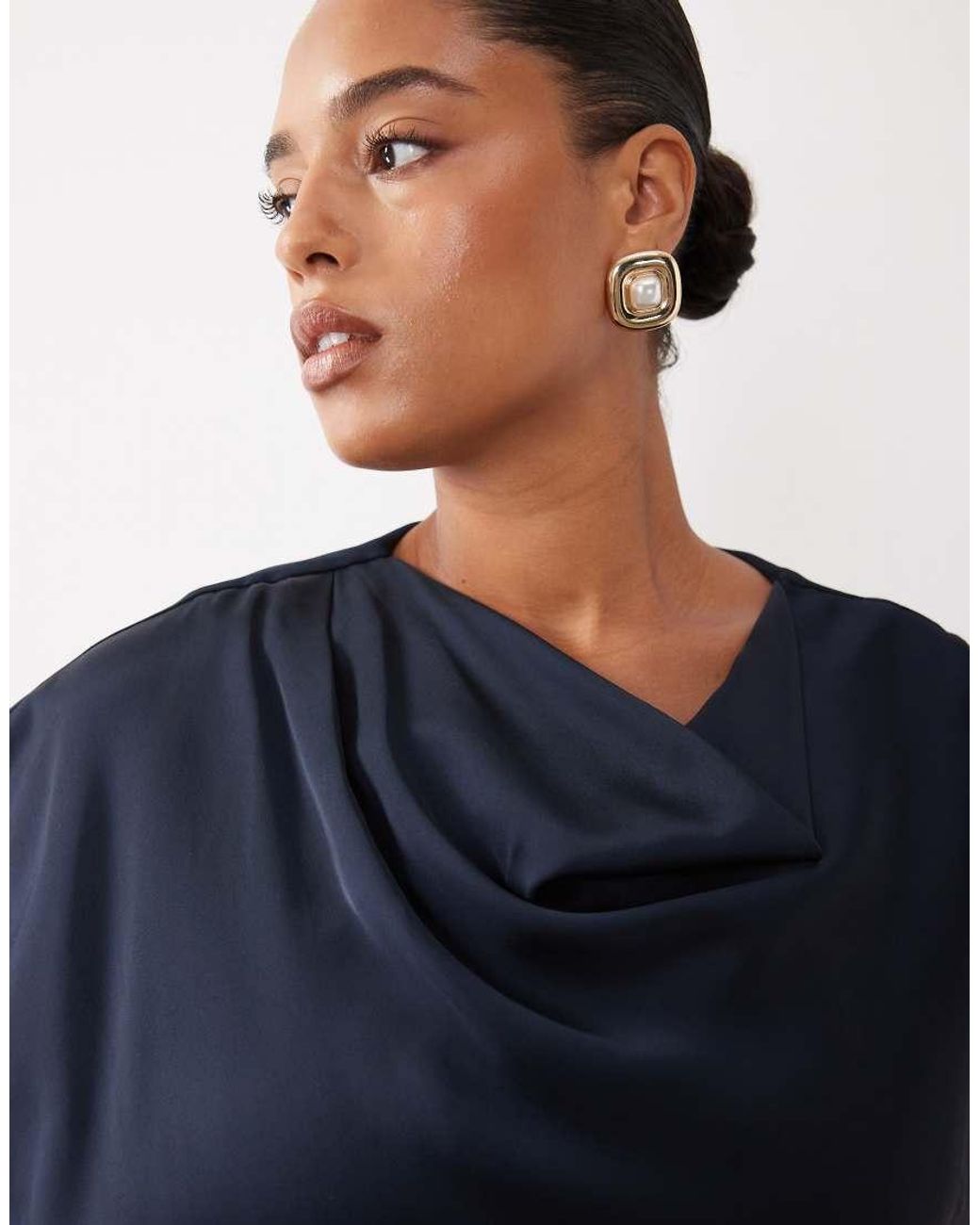 Forever New Blue Satin High Cowl Neck Tuck Side Detail Bias Maxi Dress
