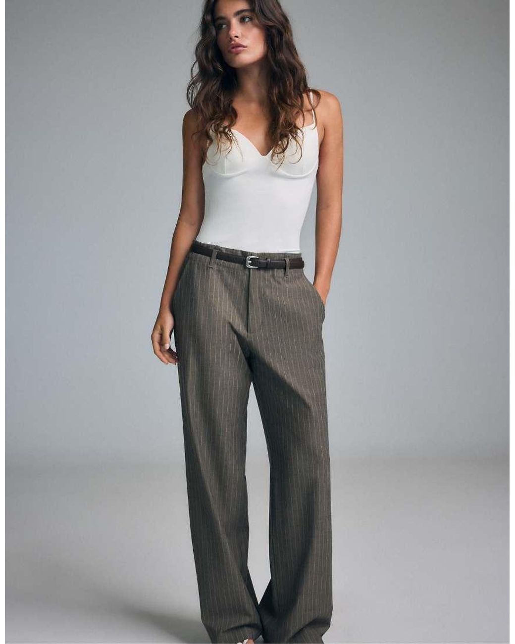 Stradivarius Gray Flowing Striped Straight-leg Trousers