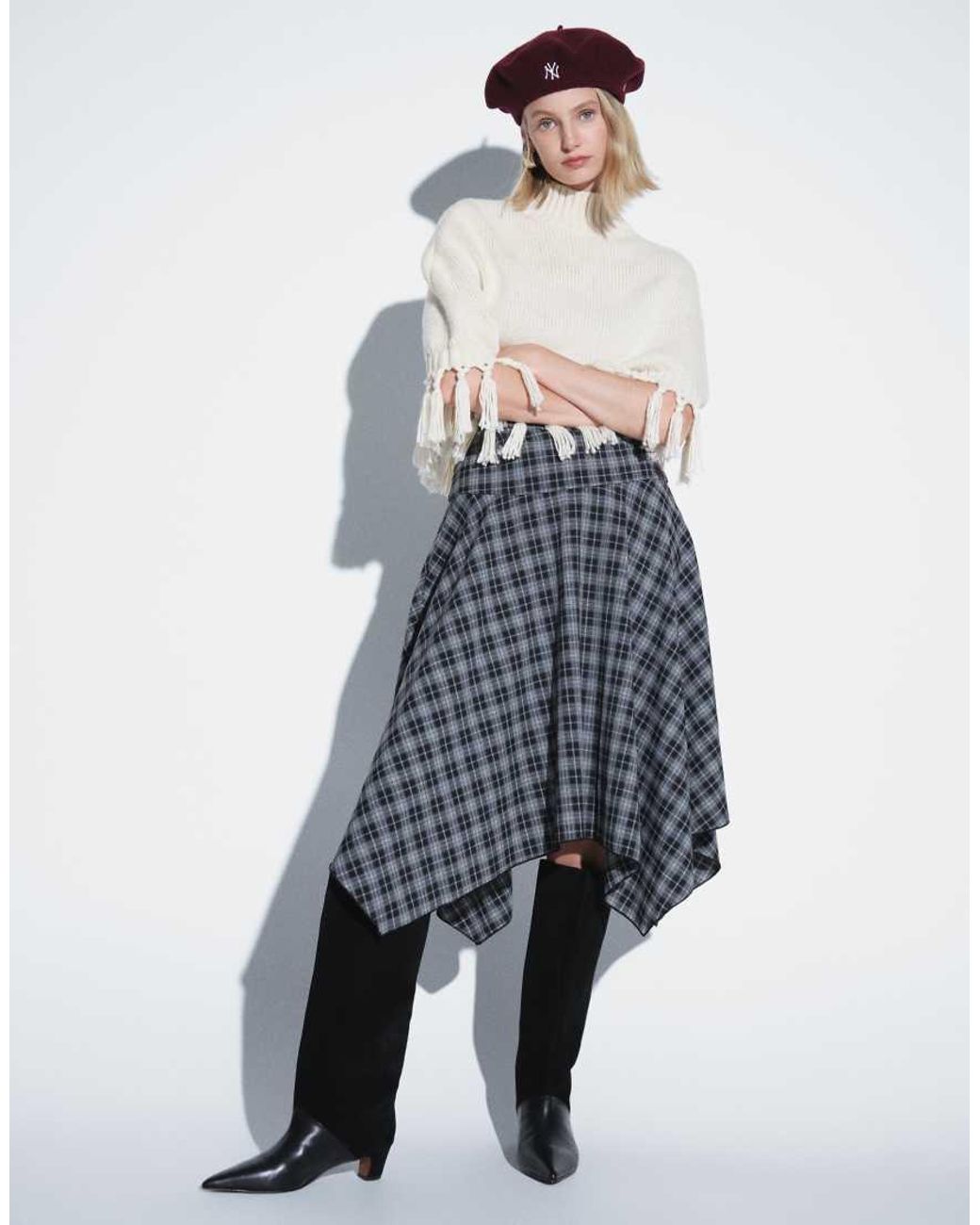 Aria Cove White High Neck Tassel Hem Knitted Poncho Top