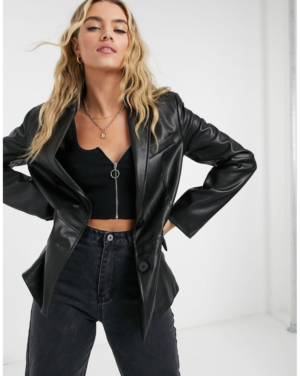 Bershka Oversized Faux Leather Blazer in Black | Lyst