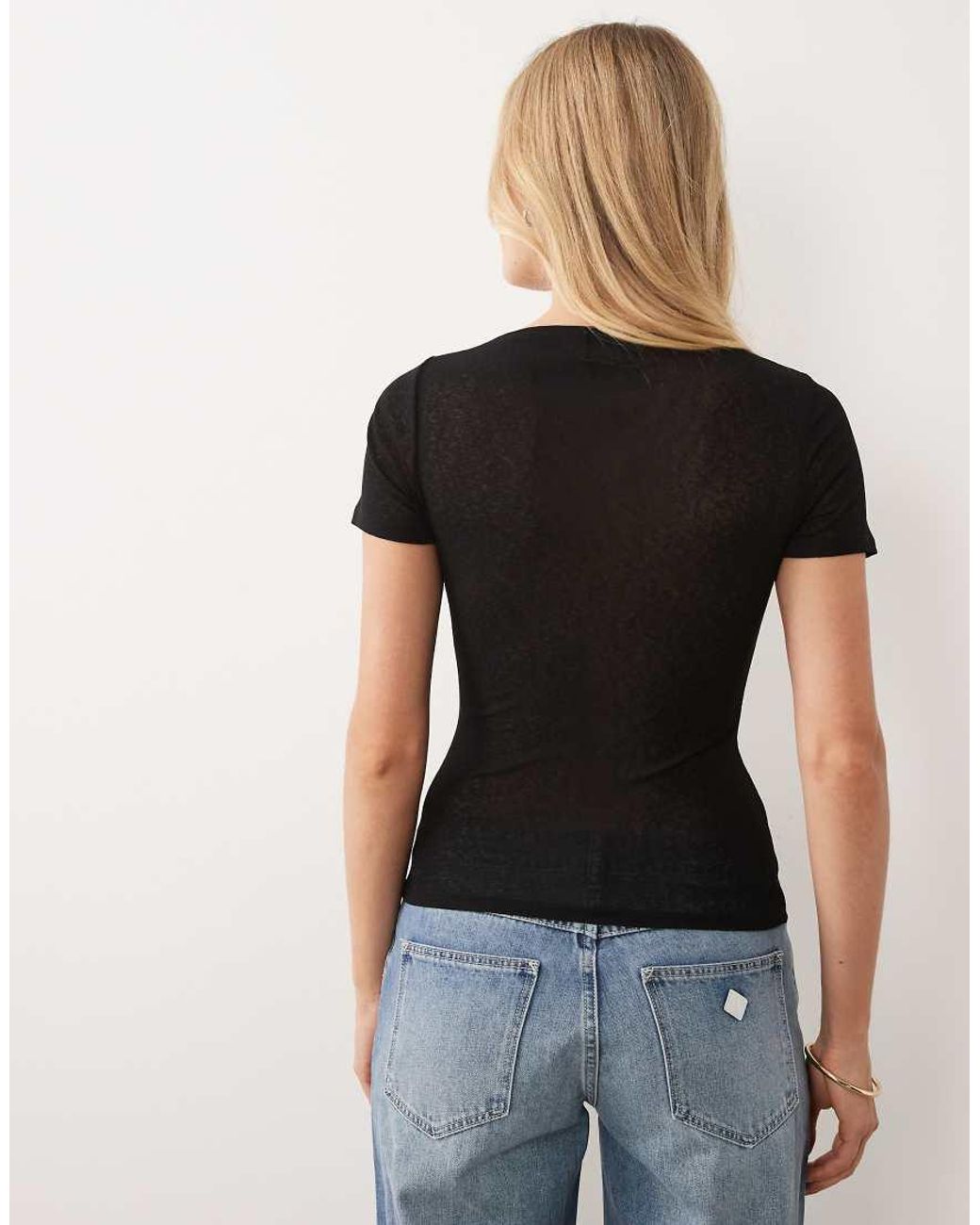 ASOS Black Textured Mesh Slash Neck Short Sleeve Top