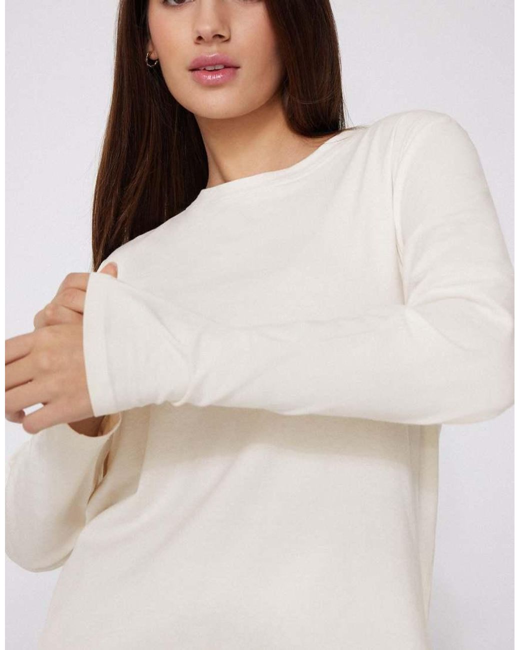 Tezenis White Cotton Modal Long Sleeve Round Neck Top