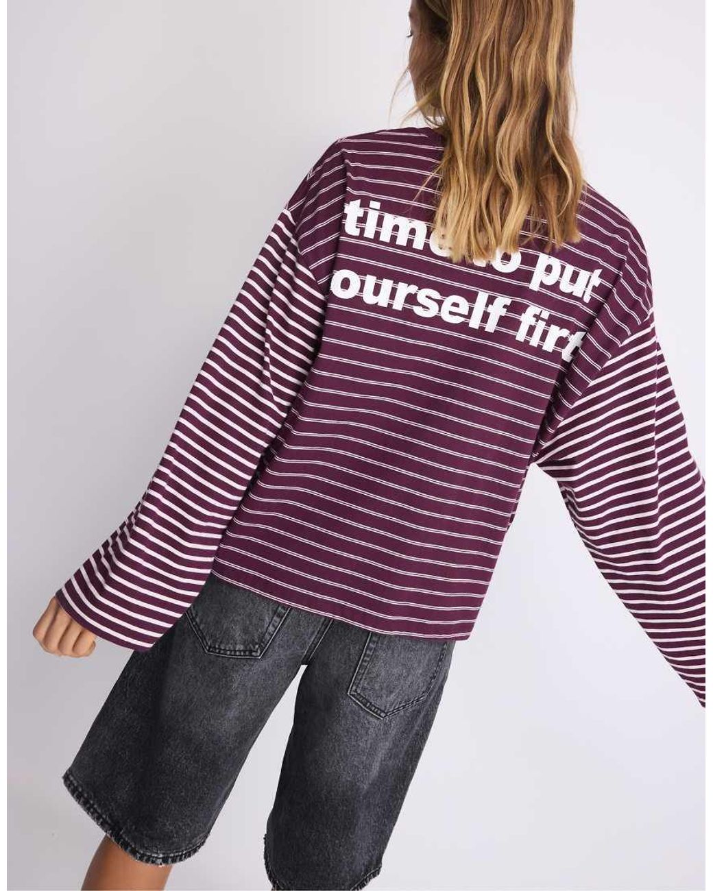 Stradivarius Purple Long Sleeve Striped Slogan T-Shirt