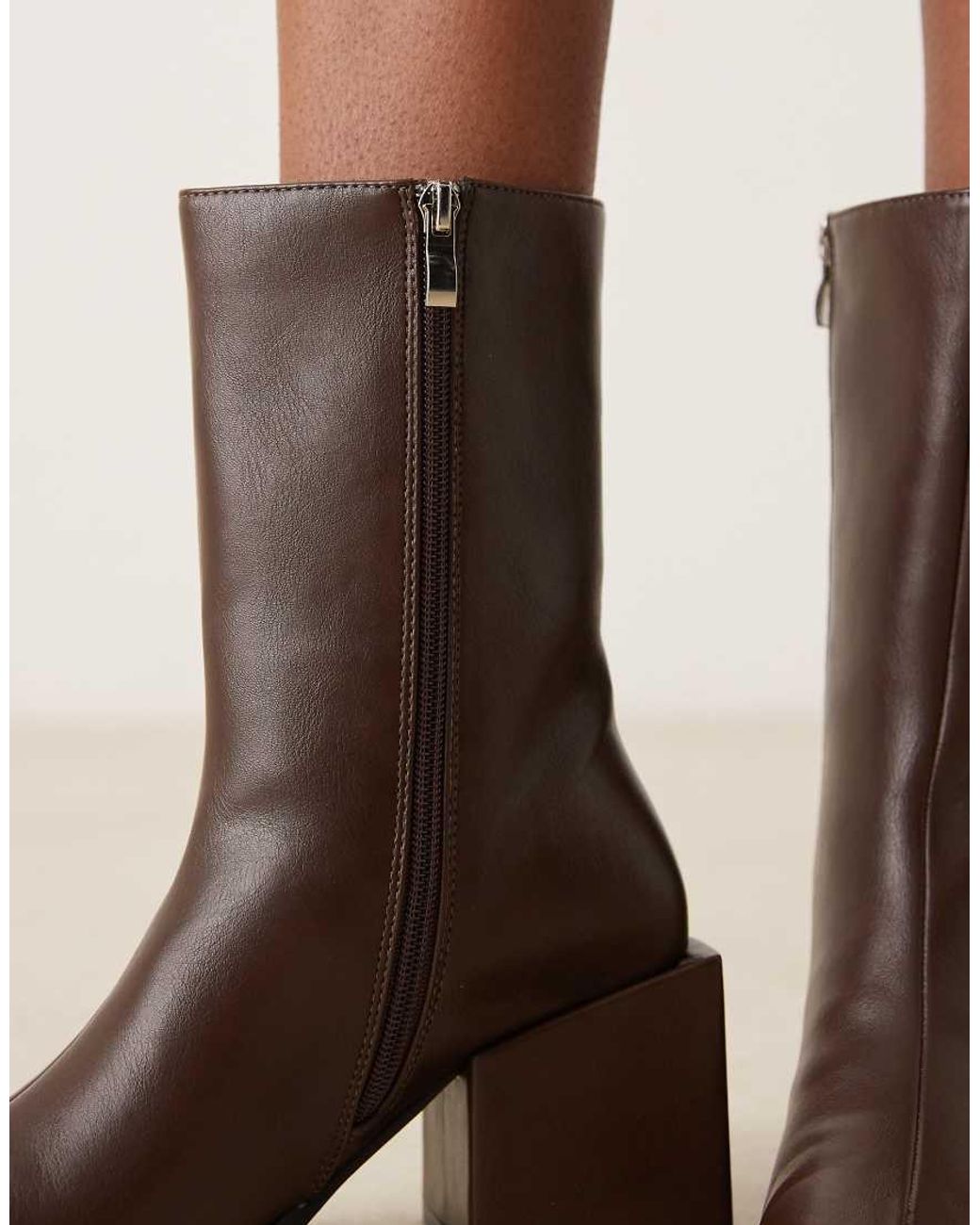 Glamorous Brown Block Heel Square Toe Boots