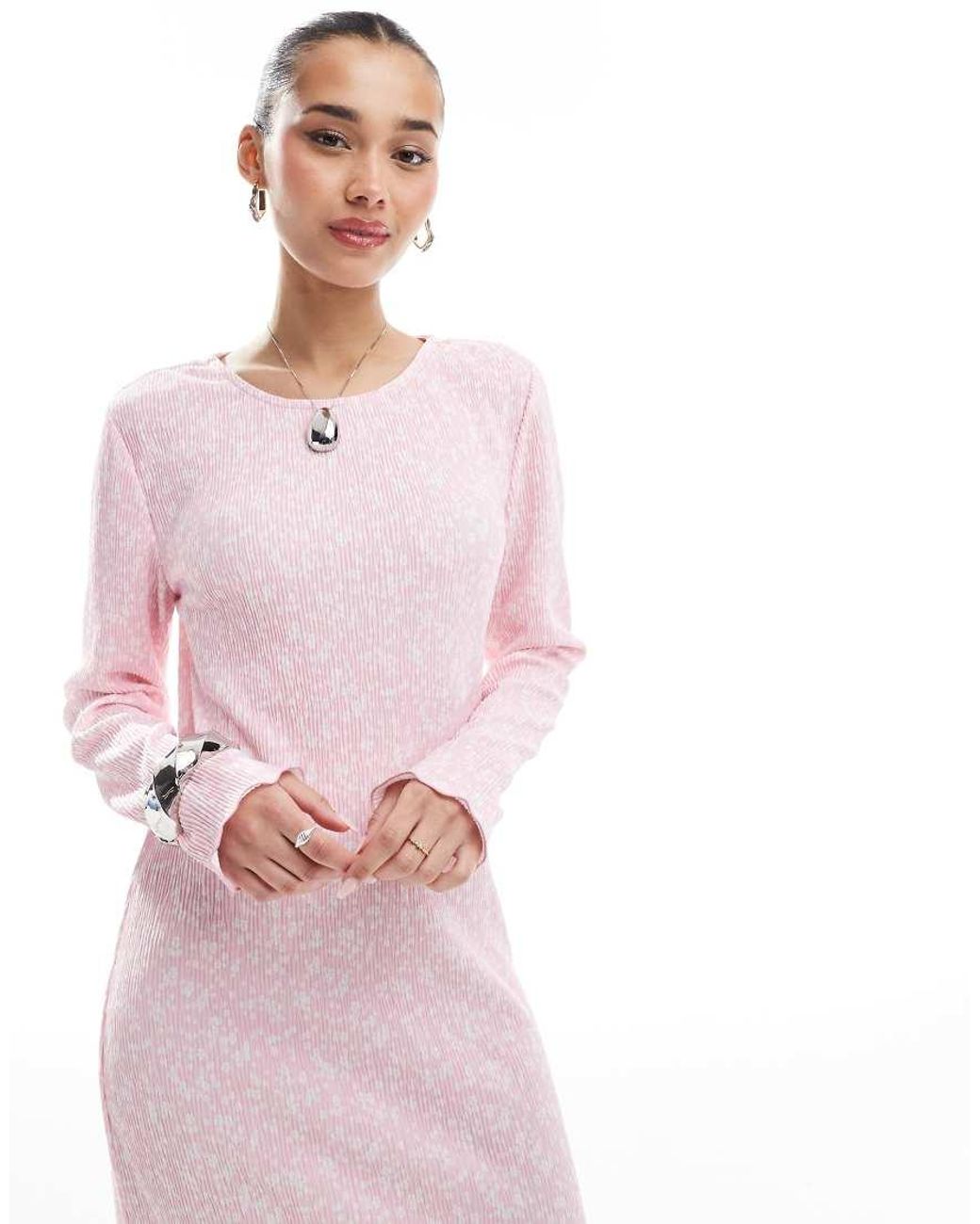 Pieces Pink Long Sleeve Plisse Midi Dress