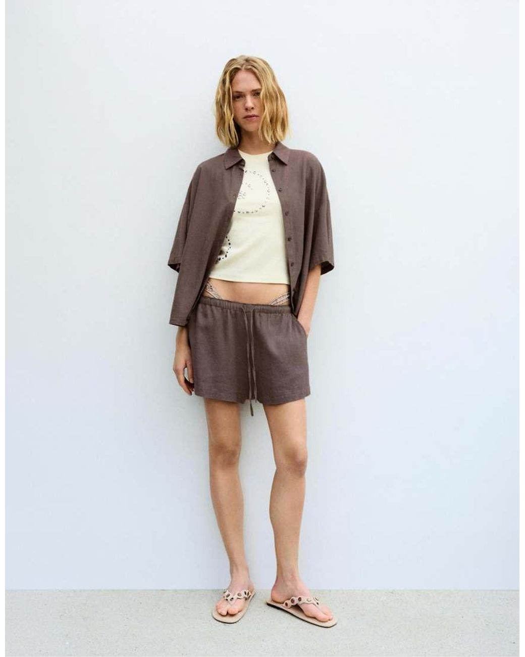 Pull&Bear Brown Short Sleeve Linen Blend Shirt