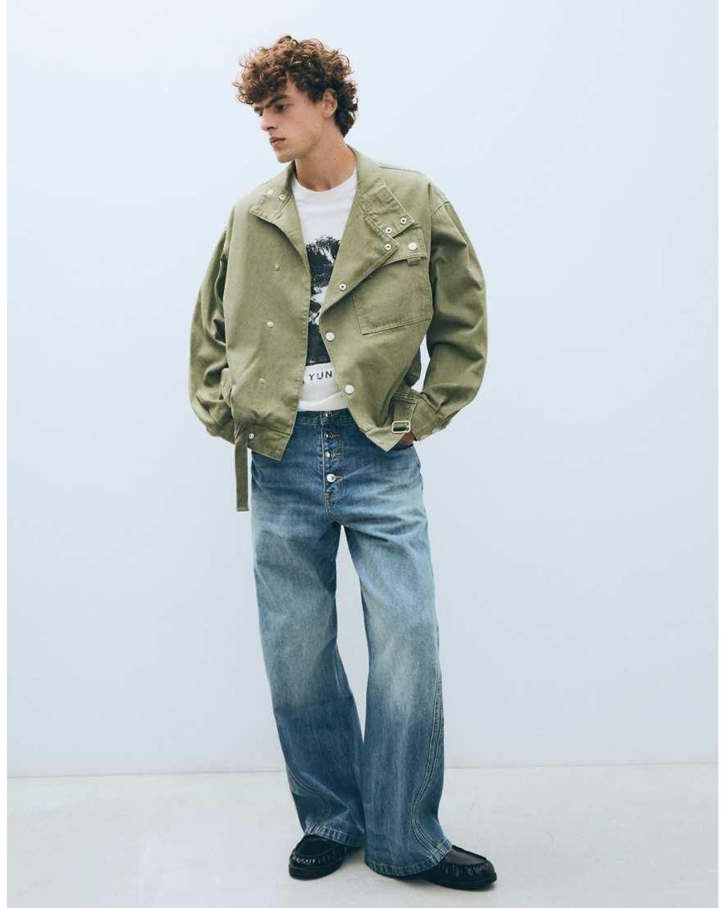 Bershka Green Double-Breasted Funnel Neck Jacket With Pocket for men