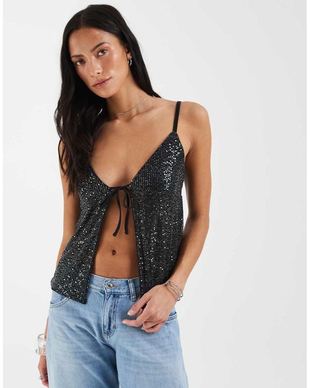 Hollister Black Sequin Tie Front Babydoll Cami