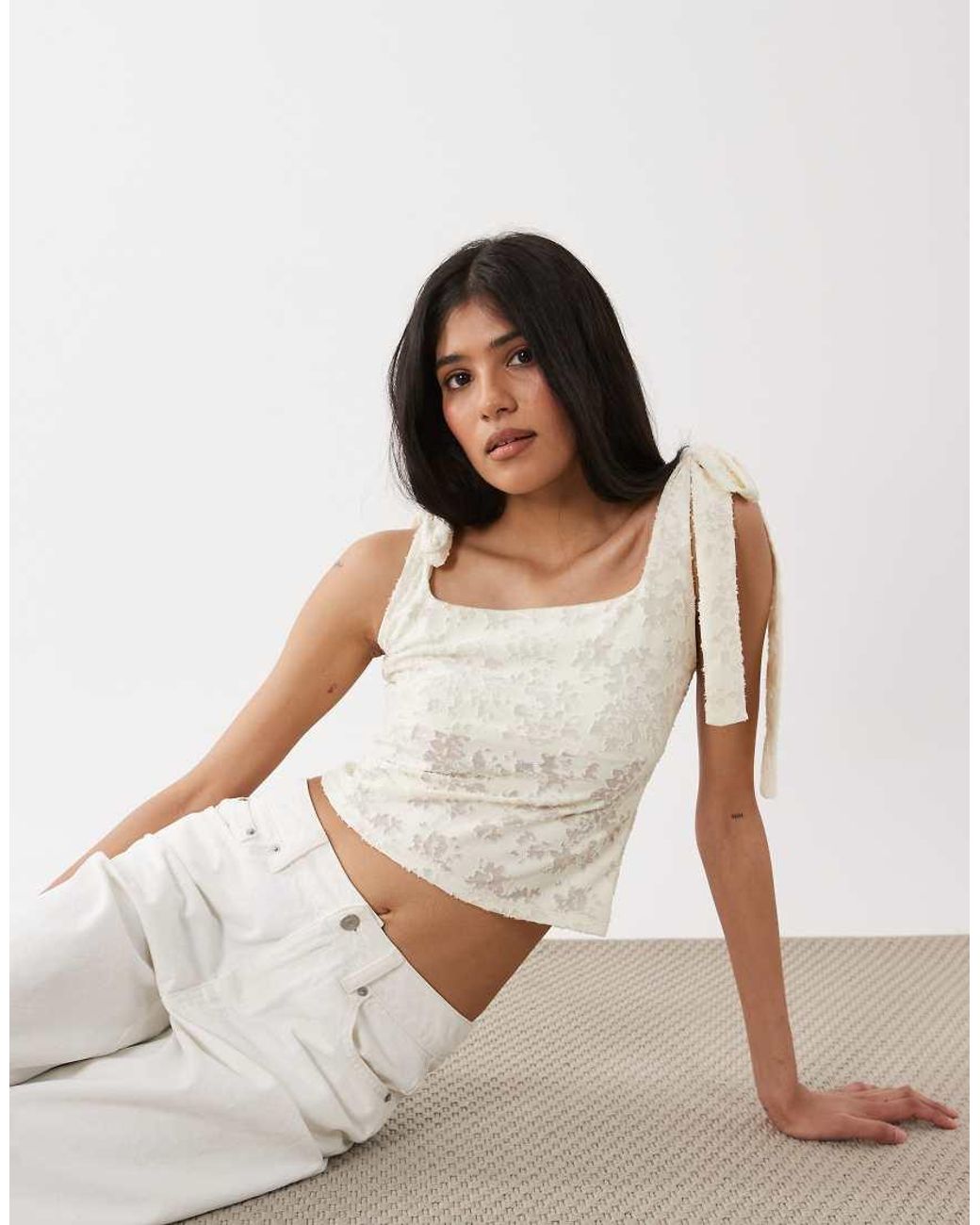 Miss Selfridge White Tie Shoulder Jacquard Top