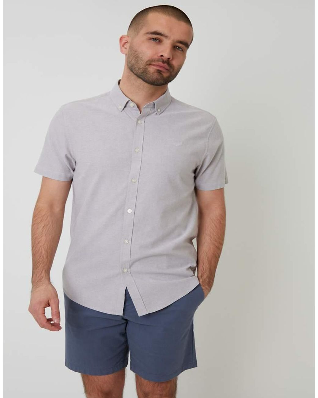 Threadbare Gray Oxford Cotton Slim Fit Short Sleeve Shirt for men