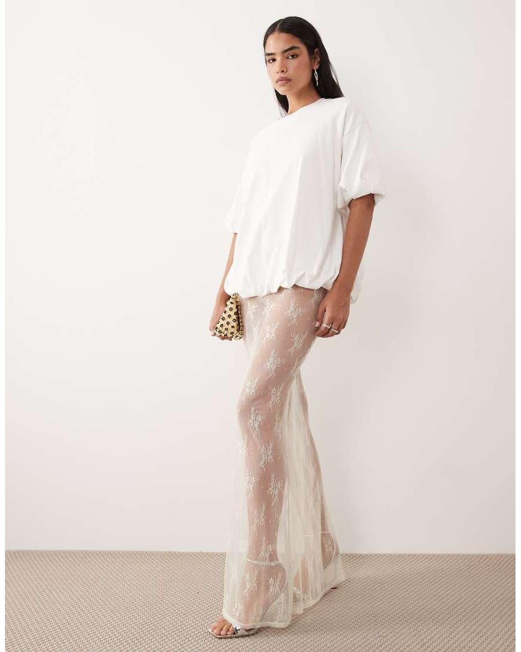 ASOS Sheer Lace Maxi Skirt in Natural | Lyst UK