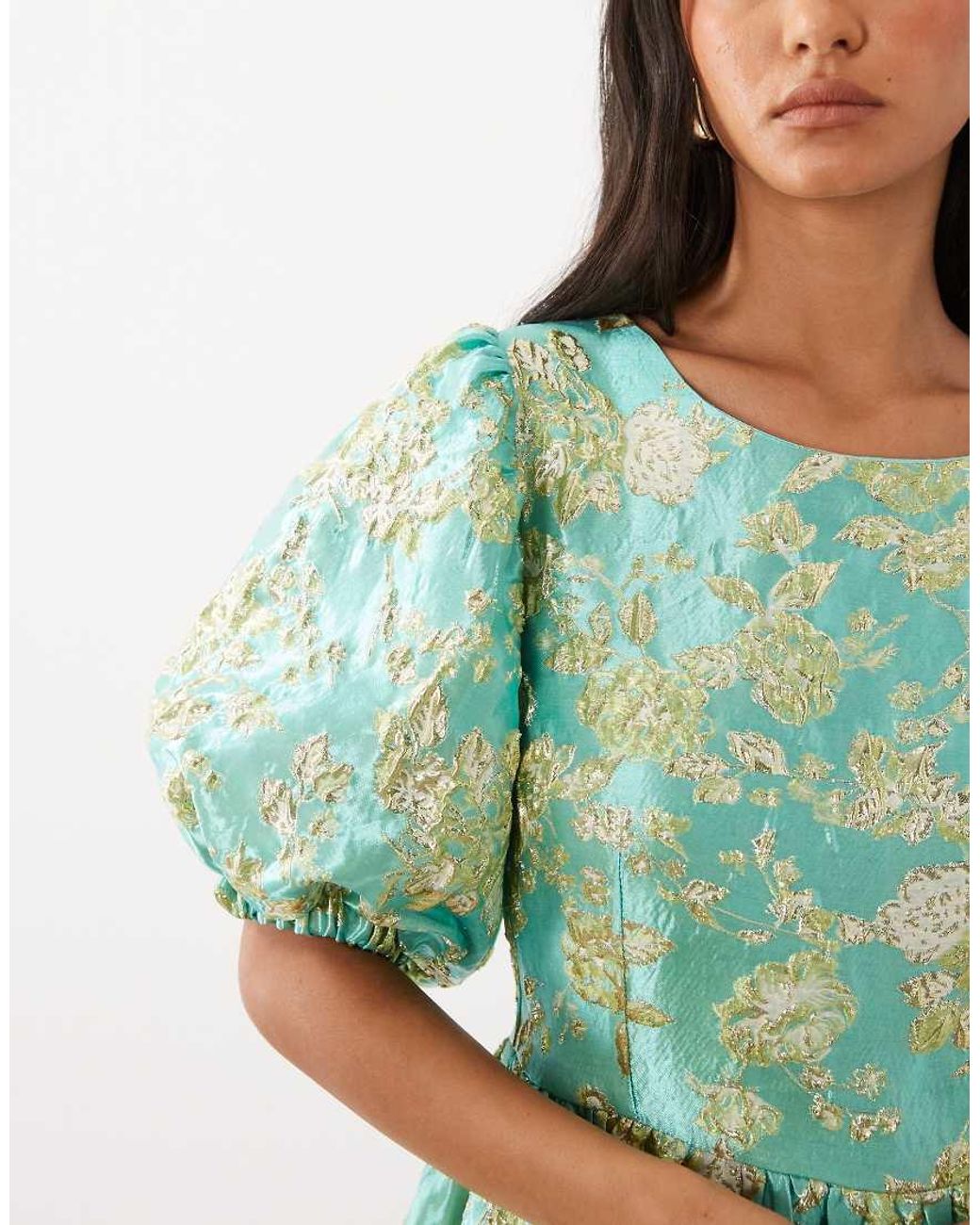 Sister Jane Green Jacquard Puff Sleeve Bubble Hem Mini Dress
