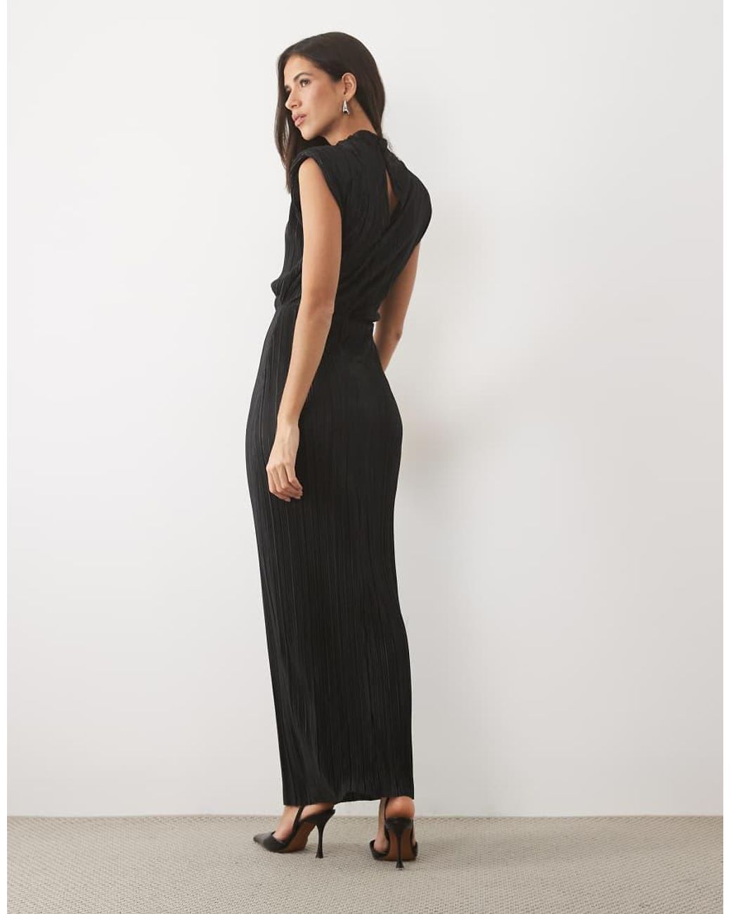 ASOS Black Plisse High Neck Column Midi Dress With Shoulder Pads