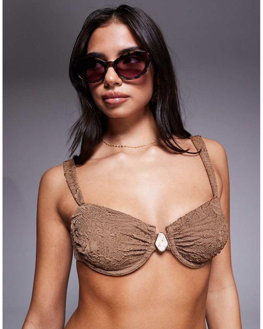 ASOS Brown Riley Resin Cape Cod Underwired Balcony Bikini Top With Ruched Cup