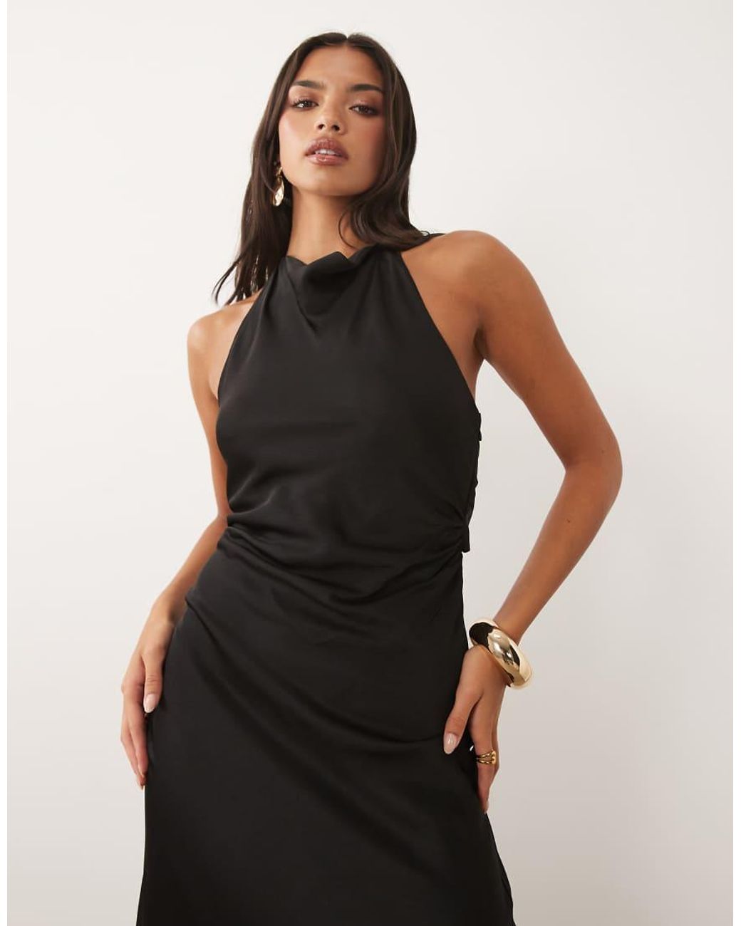 Forever New Natural Satin Halter Neck Open Back Bias Maxi Dress