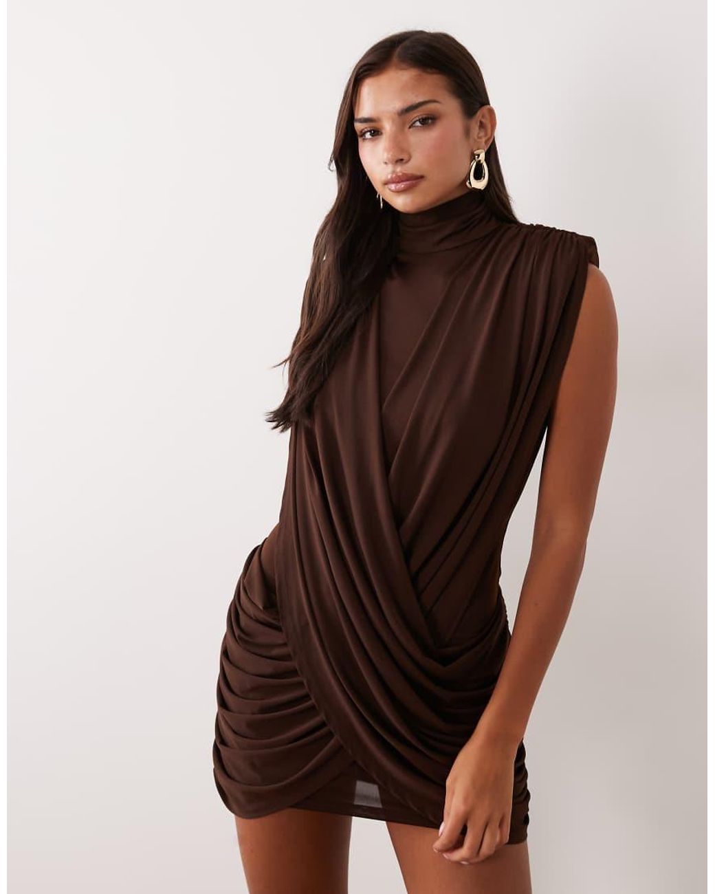 Ruched & Ready Brown Sculpted High Neck Drape Front Mini Dress