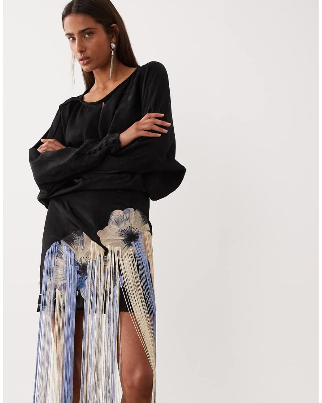 ASOS Black Satin Floral Embroidered Mini Dress With Fringing