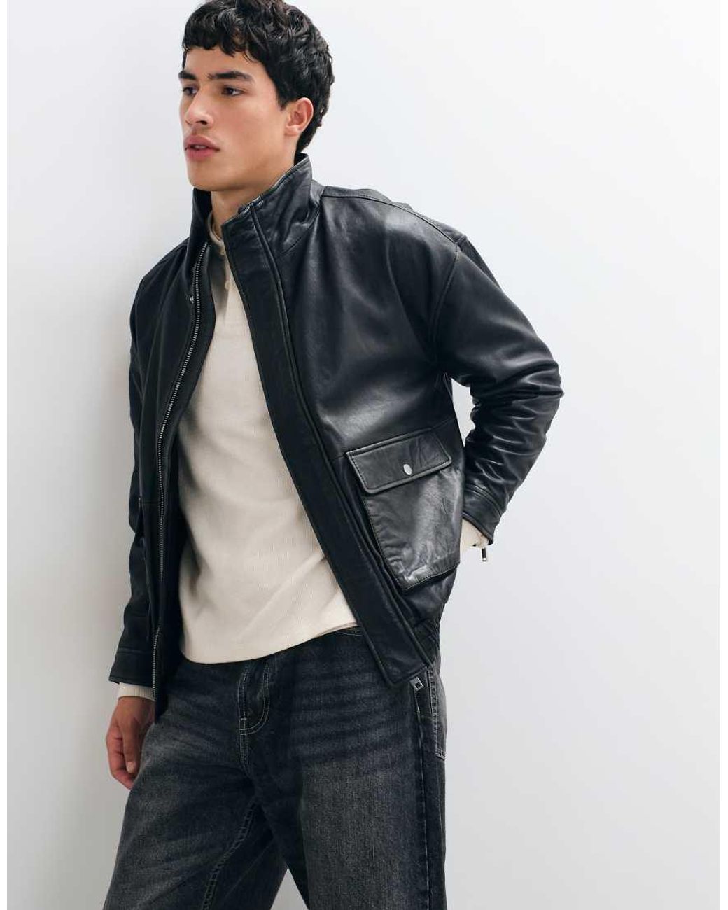 Barney's Originals Blue Real Leather Funnel Neck Bomber Jacket for men