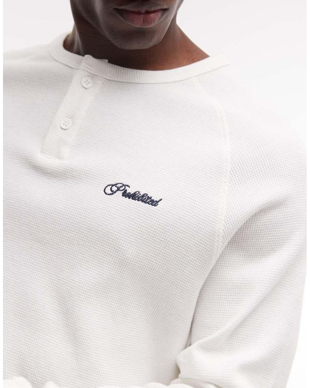 Prohibited White Long Sleeve Henley Neck T-shirt for men