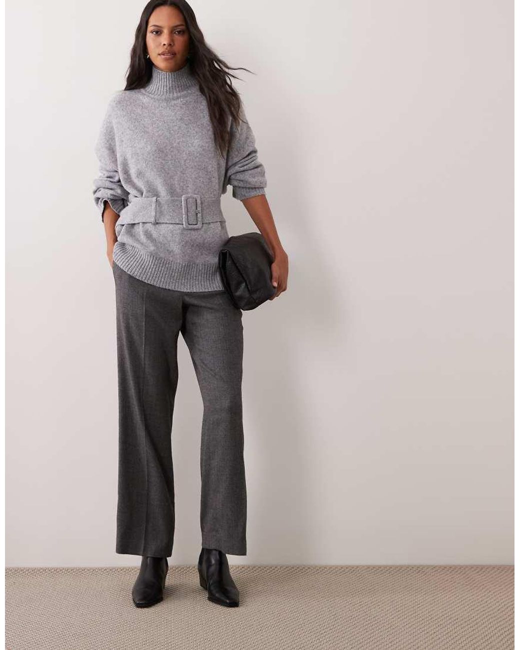 ASOS Brown Knit Wide Belt Funnel Neck Jumper