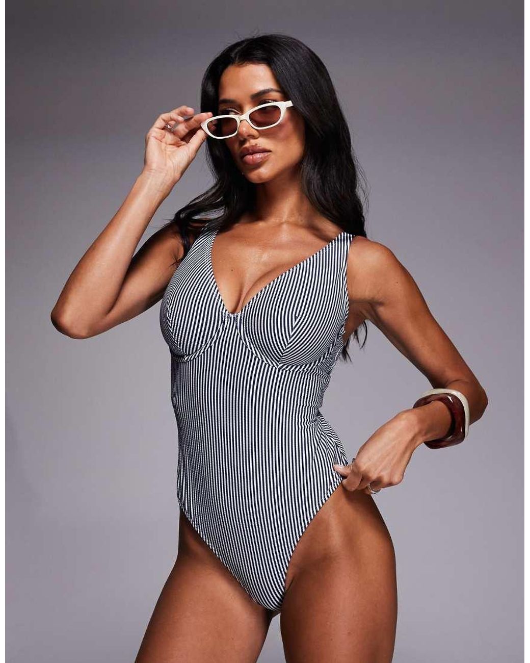 ASOS Gray Fuller Bust Scarlet Stripe Underwired Swimsuit