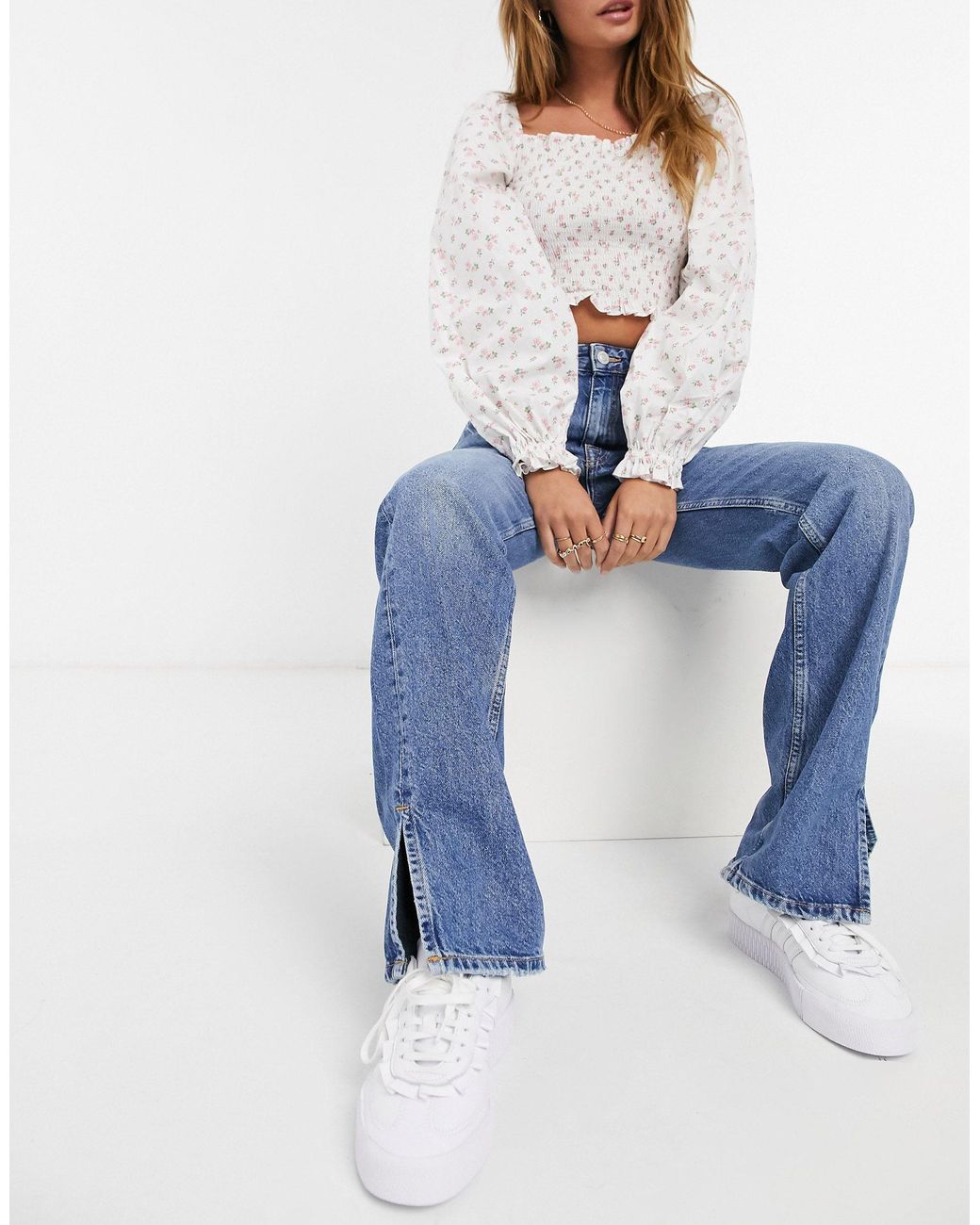 Pull\u0026Bear Tall 90s Straight Leg Jeans With Slit Hem in Blue | Lyst