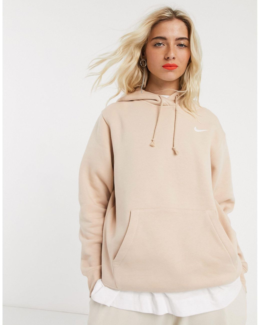 Nike Mini Swoosh Oversized Light Beige Hoodie in Natural | Lyst