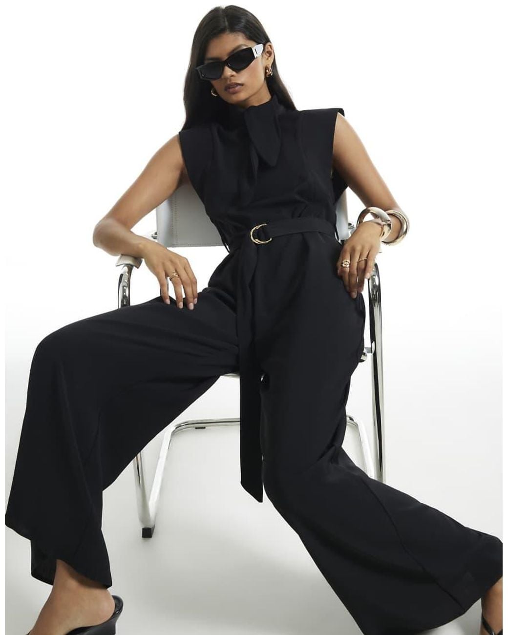 River Island Blue Neck Tie Jumpsuit