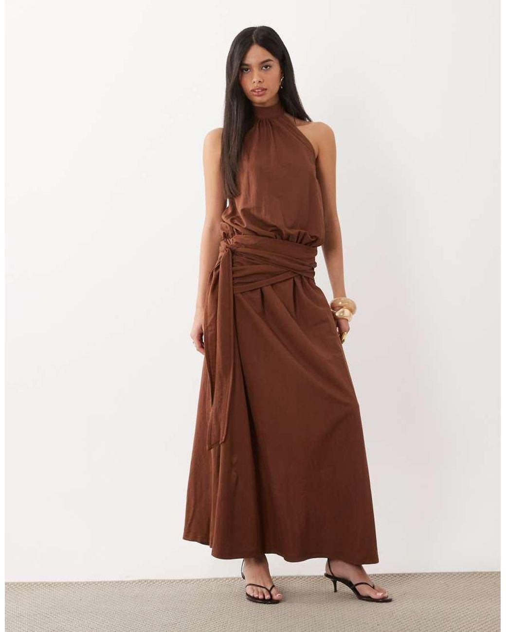 ASOS Brown Linen Look Halter Neck Bubble Hem Maxi Dress