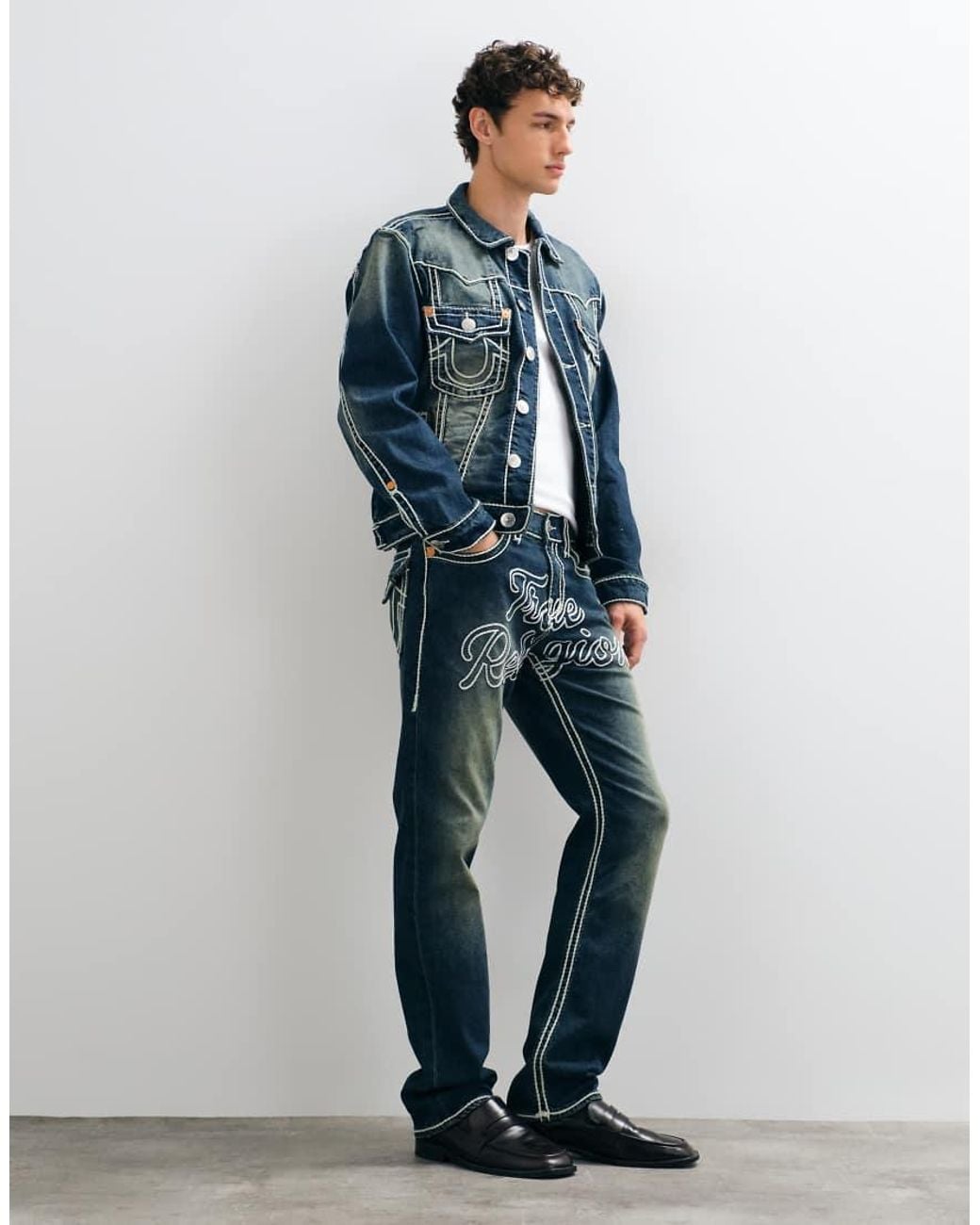 True Religion Blue Rope Stitch Loose Fit Ricky Flap Pocket Jeans for men