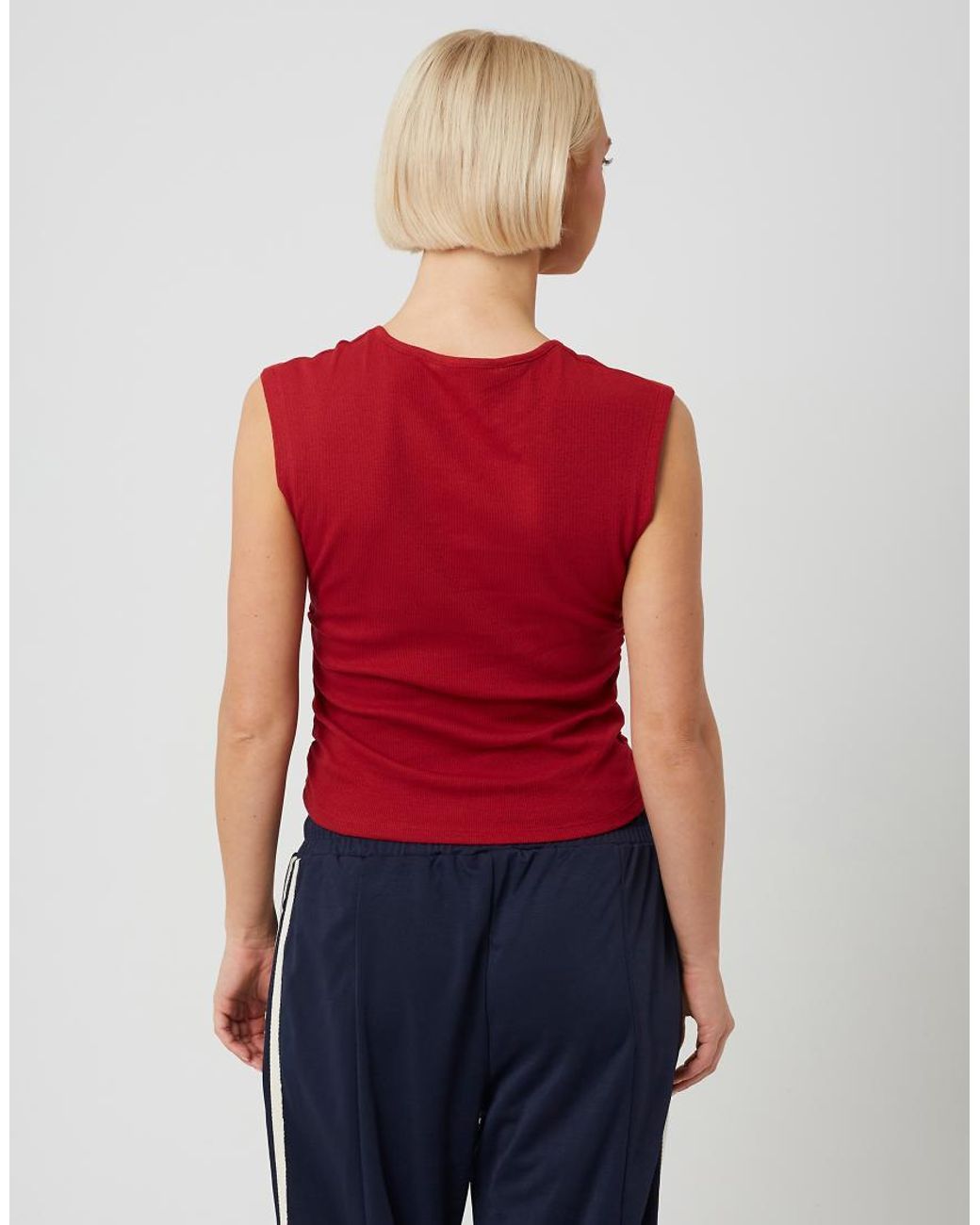 Brave Soul Red Sleeveless Button Neck Top With Ruched Detail