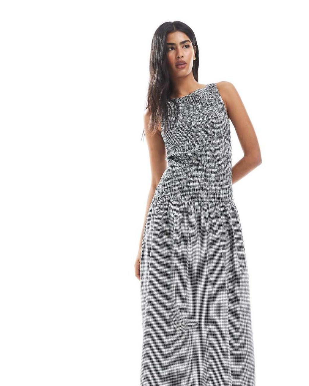 ONLY Gray Dropped Waist Shirred Maxi Dress