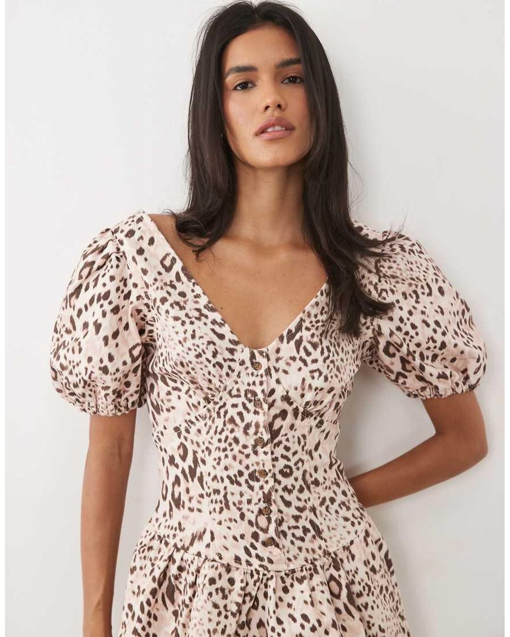 Miss Selfridge Brown Puff Sleeve Denim Mini Dress