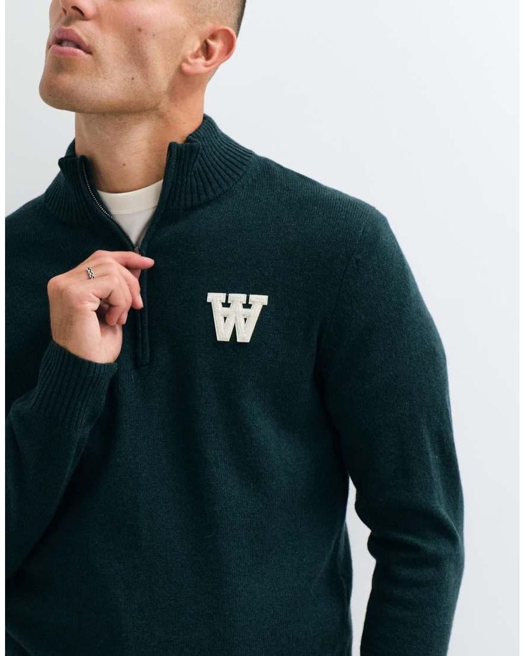 DOUBLE A by WOOD WOOD Blue 100% Lambswool Tay Half Zip Jumper for men