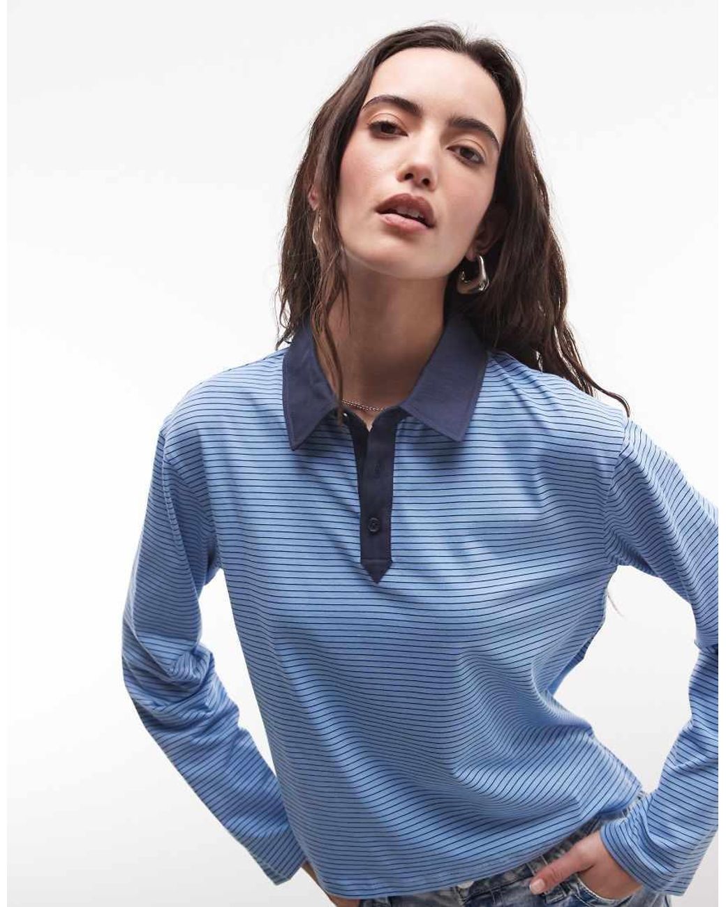 Reclaimed Vintage Blue Striped Fitted Henley Jersey Top