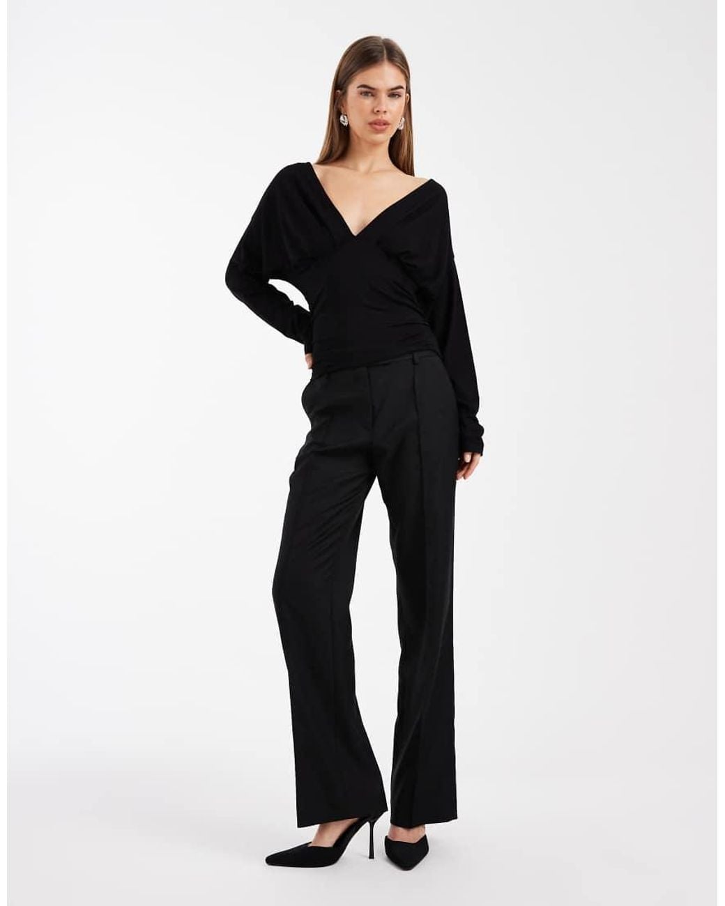 ASOS Black Plunge Neck Batwing Cinched Top