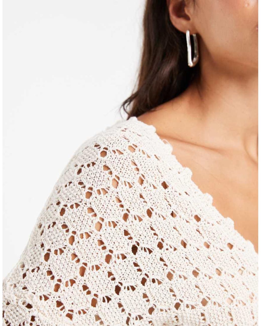 ASOS White Knitted Plunge Cinch Long Sleeve Top