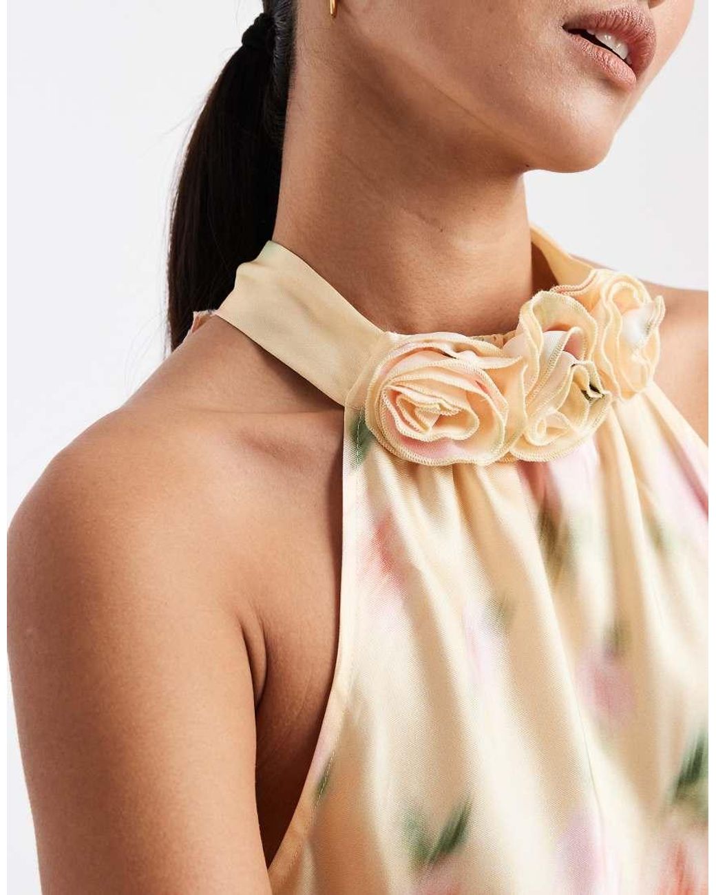 New Look Natural Floral Corsage Halterneck Satin Midi Dress