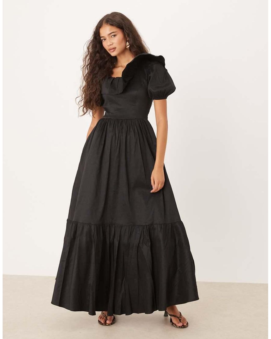 True Decadence Black Square Neck Tiered Midi Dress