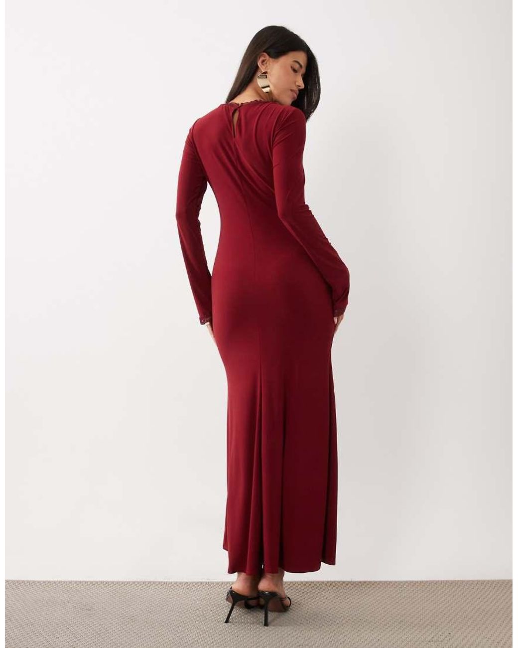 DASKA Red Slash Neck Slinky Maxi Dress With Lace Trim Detail